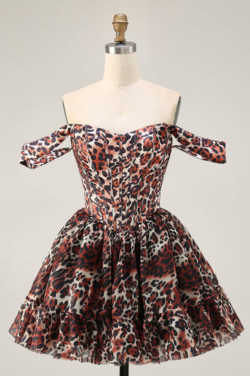 Robe de cocktail courte trapèze style corset à épaules dénudées et imprimé léopard kaki